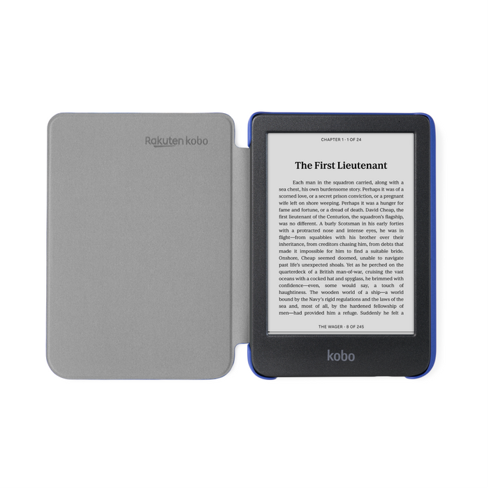 Black Kobo Clara BW in a Cobalt Blue Kobo Clara Colour/BW Basic SleepCover.