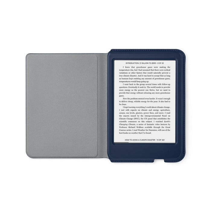 Kobo Clara 2E in an openend Deep Ocean Blue Kobo Clara 2E Basic SleepCover.