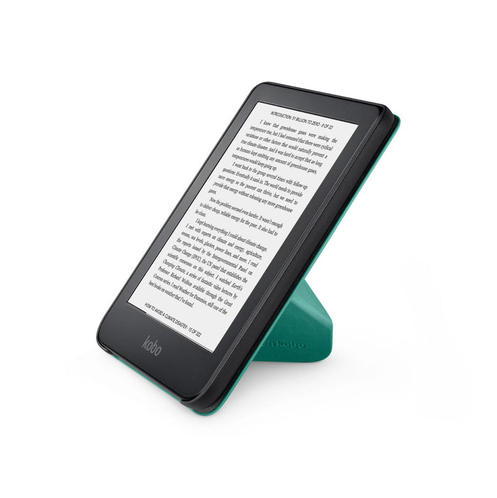 Kobo Clara 2E in a Sea Glass Green Kobo Clara 2E SleepCover, origami fold side view.