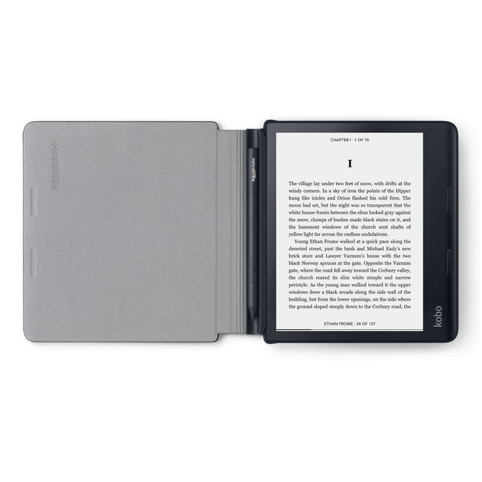 Kobo Sage in an opened black Kobo Sage PowerCover.