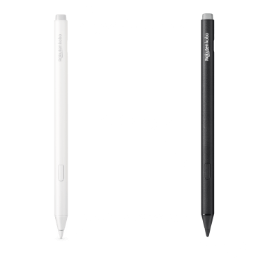 Ein Bild der schwarzen und neuen weißen Versionen des Kobo Stylus 2, das den eingebauten Radierer, die Markierungstaste und die glatte Schreibspitze zeigt.
