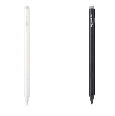 Una imagen de las versiones negra y nueva blanca del Kobo Stylus 2, mostrando la goma integrada, el botón de resaltado y la punta de escritura suave.
