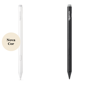 Uma imagem das versões preta e da nova versão branca da Kobo Stylus 2, mostrando a borracha embutida, o botão de marca-texto e a ponta de escrita suave. 