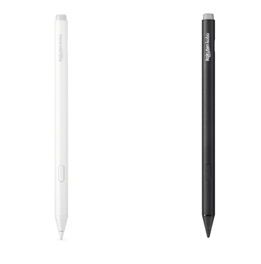 Uma imagem das versões preta e da nova versão branca da Kobo Stylus 2, mostrando a borracha embutida, o botão de marca-texto e a ponta de escrita suave. 