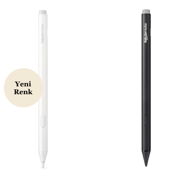 Kobo Stylus 2'nin siyah ve yeni beyaz versiyonlarının, yerleşik silgi, vurgulayıcı düğmesi ve pürüzsüz yazma ucu gösteren bir görüntüsü.