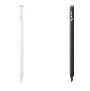 Kobo Stylus 2'nin siyah ve yeni beyaz versiyonlarının, yerleşik silgi, vurgulayıcı düğmesi ve pürüzsüz yazma ucu gösteren bir görüntüsü.