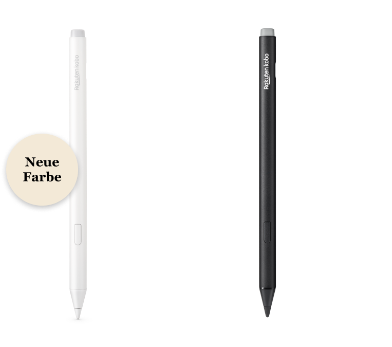 Ein Bild der schwarzen und neuen weißen Versionen des Kobo Stylus 2, das den eingebauten Radierer, die Markierungstaste und die glatte Schreibspitze zeigt.