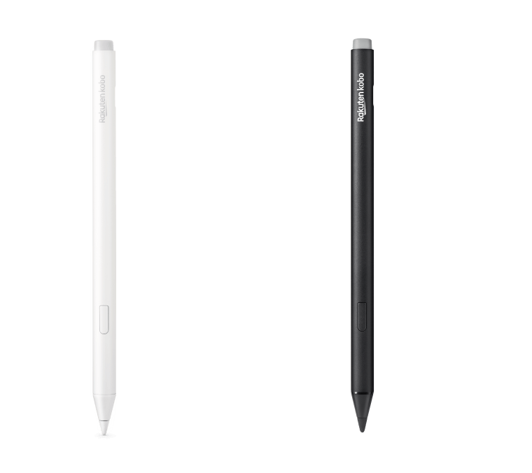 Ein Bild der schwarzen und neuen weißen Versionen des Kobo Stylus 2, das den eingebauten Radierer, die Markierungstaste und die glatte Schreibspitze zeigt.