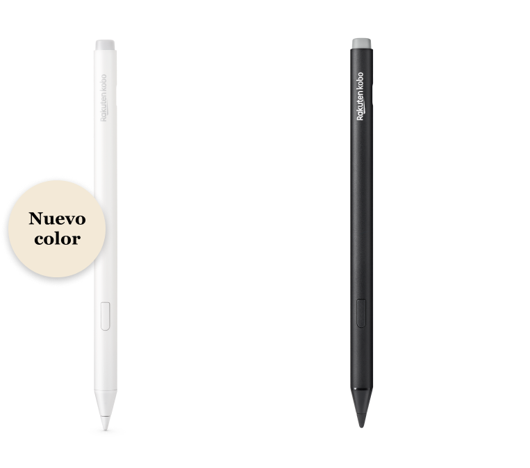 Una imagen de las versiones negra y nueva blanca del Kobo Stylus 2, mostrando la goma integrada, el botón de resaltado y la punta de escritura suave.