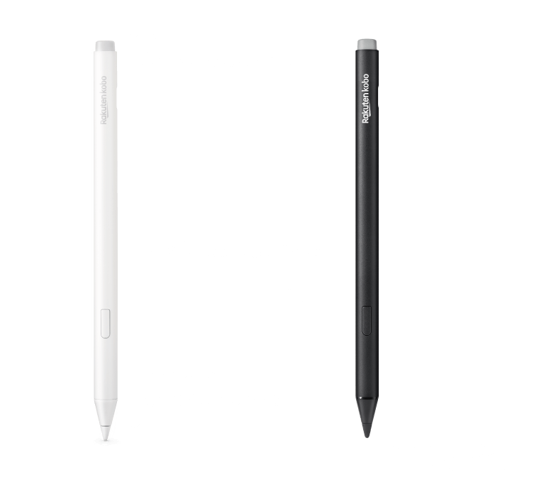 Una imagen de las versiones negra y nueva blanca del Kobo Stylus 2, mostrando la goma integrada, el botón de resaltado y la punta de escritura suave.