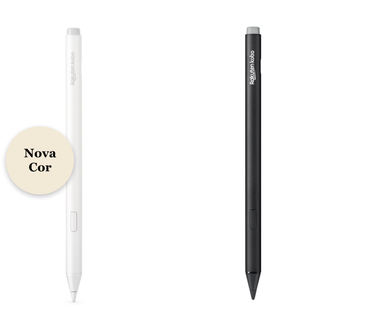 Uma imagem das versões preta e da nova versão branca da Kobo Stylus 2, mostrando a borracha embutida, o botão de marca-texto e a ponta de escrita suave. 