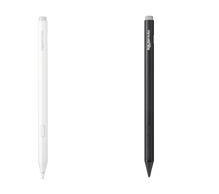 Uma imagem das versões preta e da nova versão branca da Kobo Stylus 2, mostrando a borracha embutida, o botão de marca-texto e a ponta de escrita suave. 
