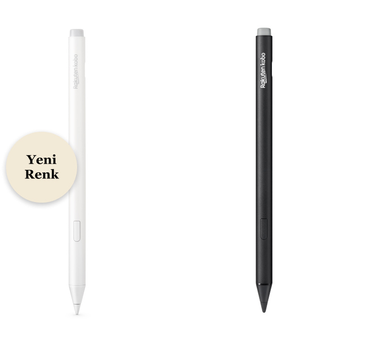 Kobo Stylus 2'nin siyah ve yeni beyaz versiyonlarının, yerleşik silgi, vurgulayıcı düğmesi ve pürüzsüz yazma ucu gösteren bir görüntüsü.