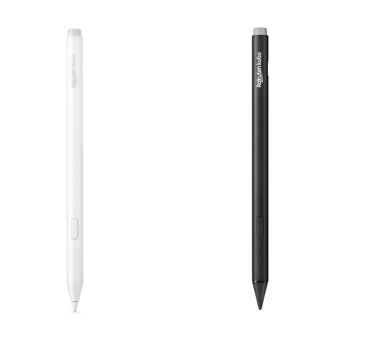 Kobo Stylus 2'nin siyah ve yeni beyaz versiyonlarının, yerleşik silgi, vurgulayıcı düğmesi ve pürüzsüz yazma ucu gösteren bir görüntüsü.