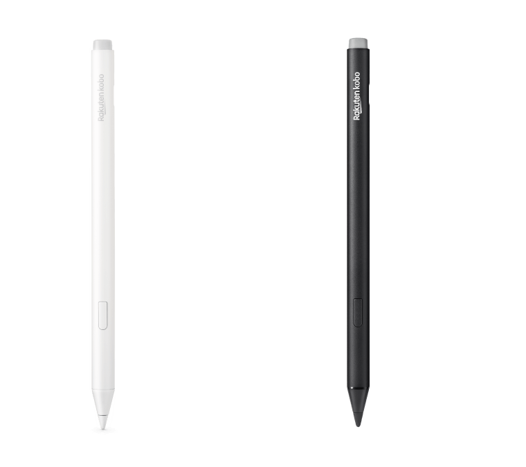 Kobo Stylus 2 黑色和新白色版本的圖片，顯示內建橡皮擦、螢光筆按鈕和流暢的書寫筆尖。